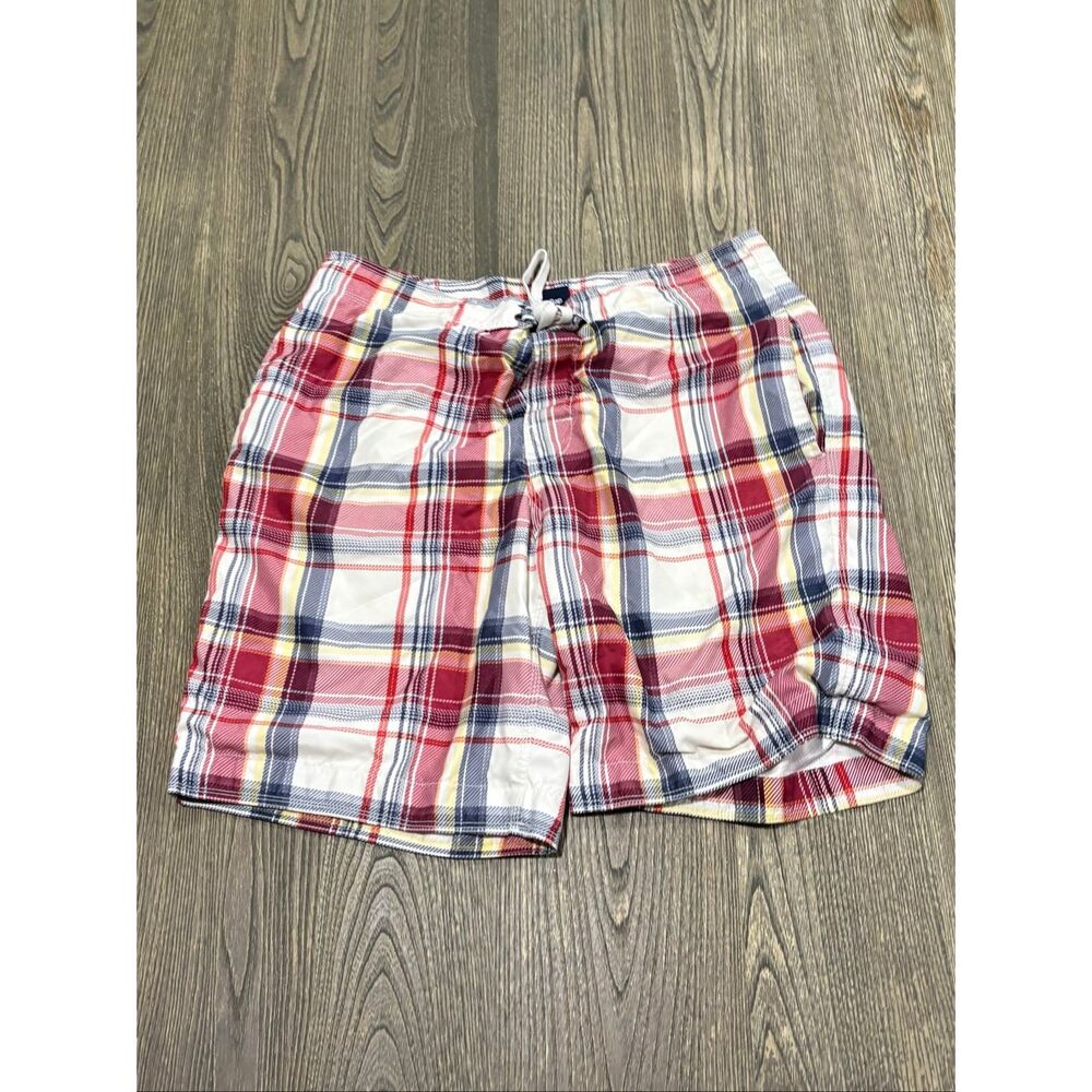 Gap Mens Window Pane Plaid Swim Board Shorts Mid Rise Lace-Up Red/Blue Size M